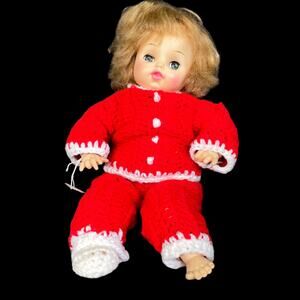 Vintage Horsman Doll 14" 1969 Cloth Body Hard Plastic Sleep Eyes Crochet Outfit